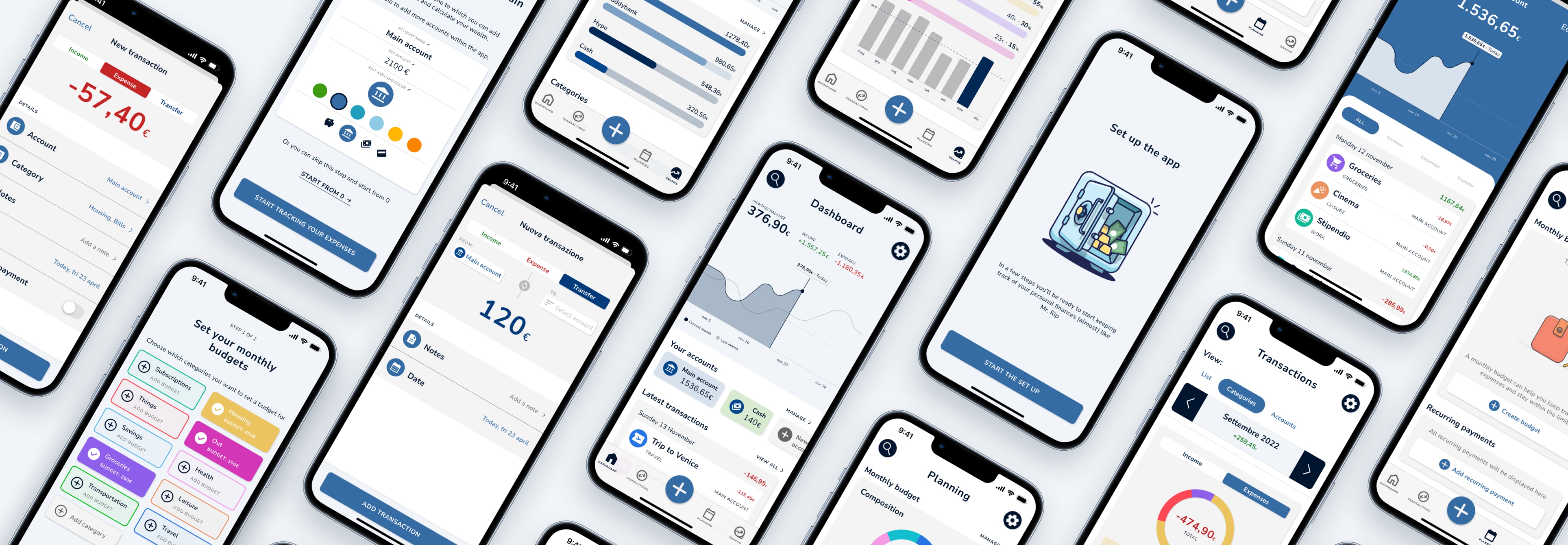 Official Sossoldi mockups showing the dashboard, transactions and budget screens